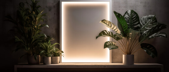  Loft, modern interior mockup with empty frame on concrete textured wall with tropical plants. Luxury hotel resort background.Vacation template. Minimalism. Generative ai.
