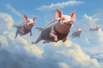 When pigs fly! Playful piglets soaring through clouds, Generative Ai - obrazy, fototapety, plakaty