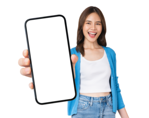 Beautiful Asian woman holding smartphone mockup of blank screen and smiling on background.
