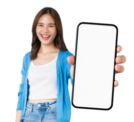 Beautiful Asian woman holding smartphone mockup of blank screen and smiling on background.