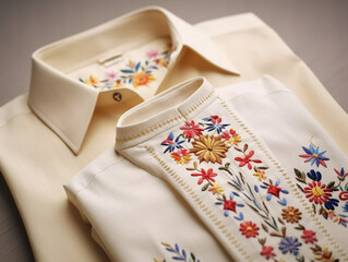 A close-up on a traditional ukrainian embroidered shirt or blouse collar, white a beige colors. Generative IA technology.