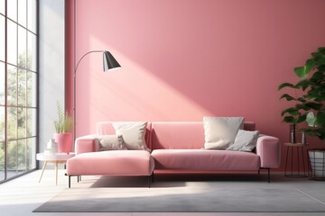 Living Room Interior with Pink Sofa and Cozy Atmosphere. Generative AI
