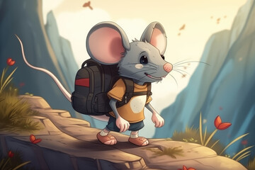 Adorable adventurous cartoon mouse on a trek with a backpack. Cute pet on a trip. 