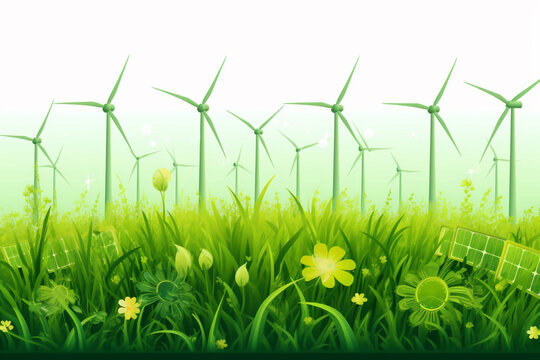 Renewable energy banner background with green energy as wind turbines and solar panels, space for text, AI Generative