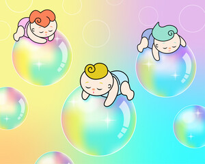 シャボン玉の上で眠る赤ちゃんたち