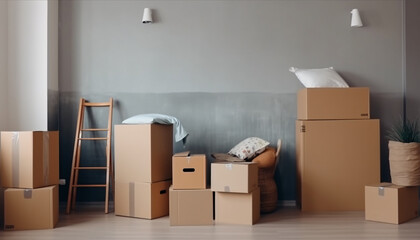 Fototapeta premium Cardboard boxes with packed items in an empty room, moving concept, AI generated