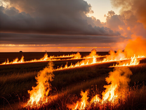 burning field at night. generative ai