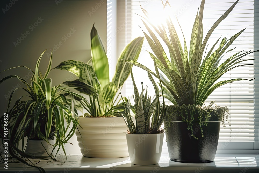 Wall mural air-purifying plants to improve home indoor air quality. air-purifying houseplants, like spider plan