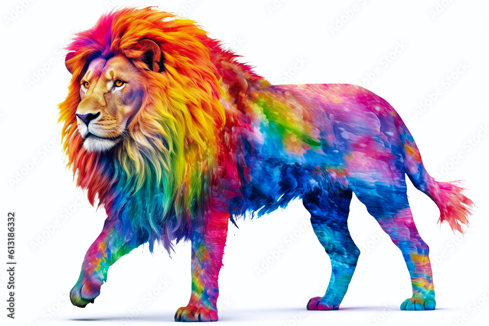 Poster drawing of multicolor lion isolated on white background. generated by ai.