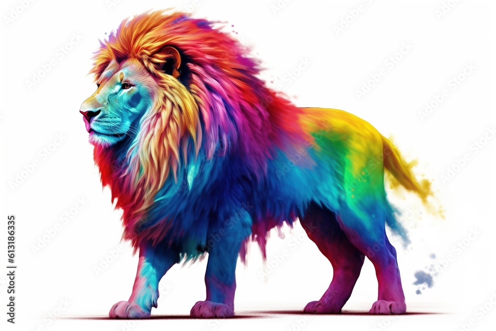 Poster drawing of multicolor lion isolated on white background. generated by ai.