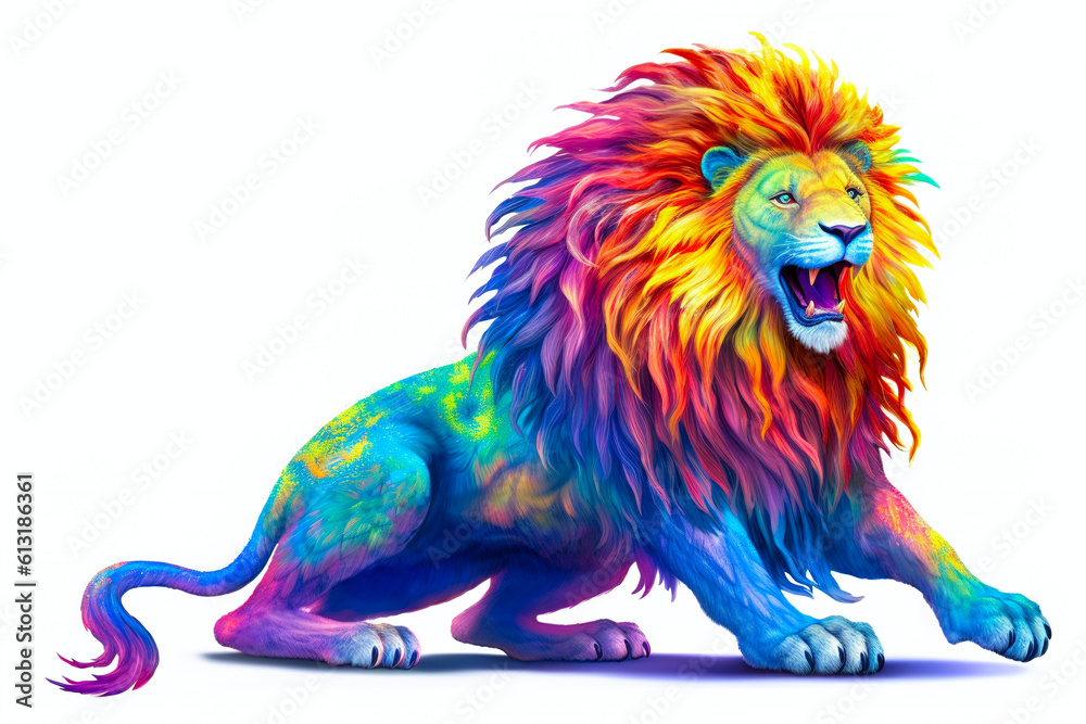 Poster drawing of multicolor lion isolated on white background. generated by ai.