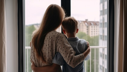 Fototapeta premium Mother and child hugging by the window, back view, AI generated