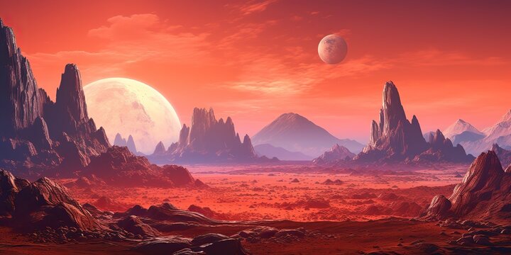 AI Generated. AI Generative. Mars planet landscape surface galaxy space future view scene. Comics illustration style. Graphic Art © AkimD