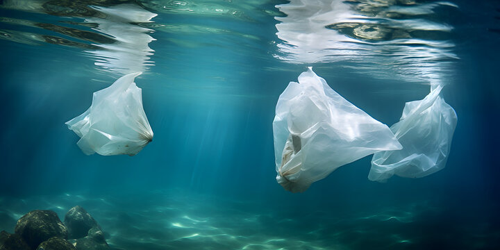 Underwater scene with plastic bags- generative AI, KI
