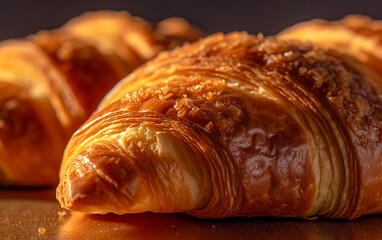 Freshly baked croissants in a bakery,  fresh croissant photography, a simple yet enticing croissant. croissant with its golden - brown crust and flaky layers. Generative AI