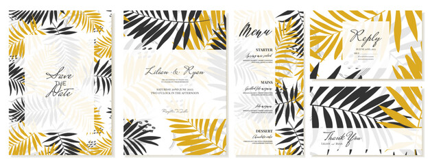 Wedding invitation with thank you cards, menu and rsvp. Summer theme, palm leaves, tropical style. Vector template.