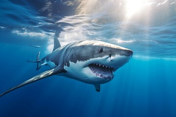 A white shark gracefully swimming in the ocean, Generative Ai