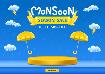 Monsoon season banner sale with podium design with 3d clouds lightning yellow umbrellas