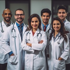 Happy group of medics or doctors at hospital, clinic, profession, people, health care and medicine concept.