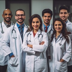 Fototapeta premium Happy group of medics or doctors at hospital, clinic, profession, people, health care and medicine concept.