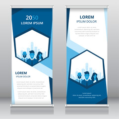 Professional roll up banner or retractable banner template with business people and cityscape artwork, Vertical signboard template, Trade show banner, Standee template, X-banner template, Flag banner