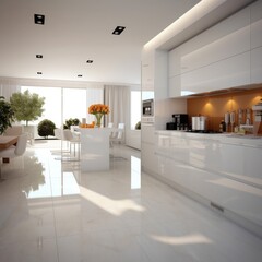 Modern kitchen white room interior, Fridge placed near kitchen counter with white cabinets and modern appliances.