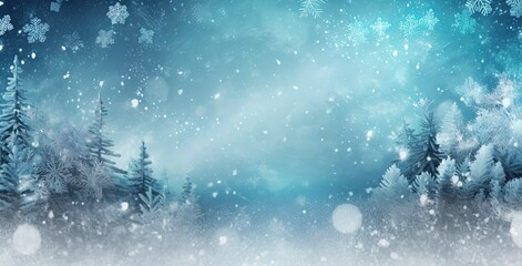 Fototapeta na wymiar Blue winter snowy landscape with snowflakes and blue sky. Snow covered tree card. Copy space. Season, winter, Christmas. Generative AI.