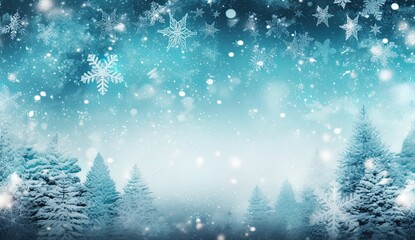 Blue winter snowy landscape with snowflakes and blue sky. Snow covered tree card. Copy space. Season, winter, Christmas. Generative AI.