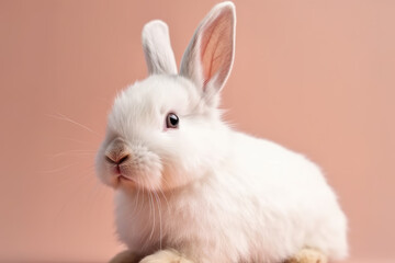 White rabbit on pastel background. Easter bunny spring wallpaper. Adorable, cuddly animal.