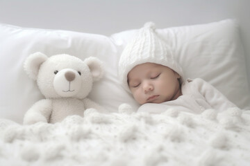 Newborn wrapped in a white blanket, lying in bed, plush toy, white bedsheet background, two months old, baby photography. Happy young baby in diaper lying on white sheet. AI Generative