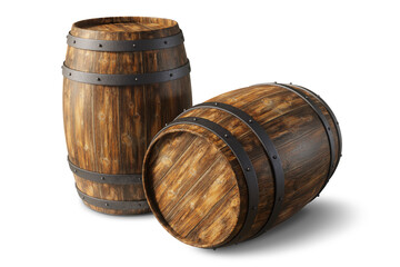 Two wooden barrels, standing upright and lying down, isolated on an empty background. 3D Rendering