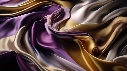 Silk fabric background in purple, gold and silver tones, generative ai