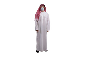An Arab man wearing a mask on a white background in traditional costume, with different expressions, hand gestures and poses. Ready for cutting and editing.