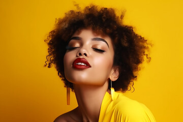 African American Fashion Model brunette young woman with afro hairstyle on colored background, generative AI tools