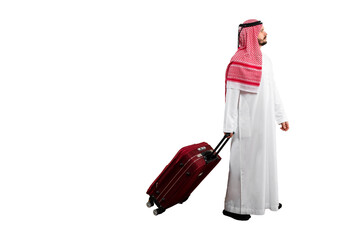 Arab man with suitcase white background in traditional costume. Ready for cutting and editing.