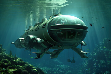 Fototapeta na wymiar Underwater scene with big sci-fi fantastic submarine. Generative AI.