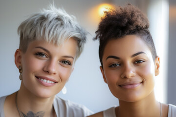 Multicultural generative ai lesbian couple practicing mindfulness meditation and wellness at home. Mental health activity. LGBTQ community.
