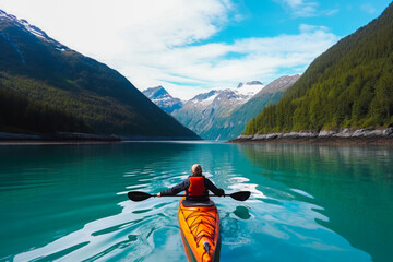 Kayaking in Alaska, a person with kayak enjoying a stunning view of Alaska. Generative AI - obrazy, fototapety, plakaty