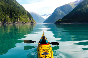 Kayaking in Alaska, a person with kayak enjoying a stunning view of Alaska. Generative AI - obrazy, fototapety, plakaty