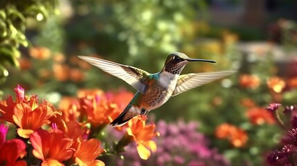 Fototapeta premium Hummingbird hovering next to blooming flowers. Beautiful hummingbird sucking nectar in flight generative ai