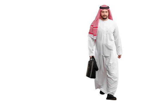 Arab man with briefcase isolated white background in traditional costume. Ready for cutting and editing.