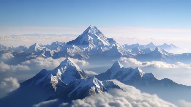Himalayan mountain top above the clouds. Mountains seem so close, offering epic views of the legendary peaks of Dhaulagiri and Machapuchare generative ai