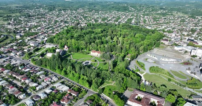 Aerial view of Dadiani Palace in the center of Zugdidi city. Georgia