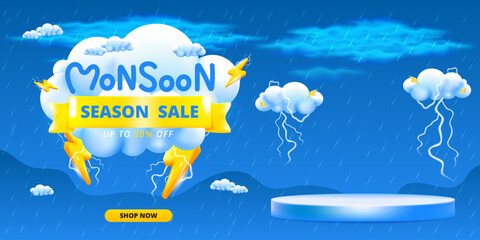 Monsoon season banner sale with podium design with 3d clouds lightning yellow umbrellas