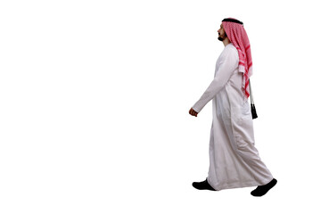 Arabic man walking sideways isolated white background in traditional costume. Ready for cutting and editing.