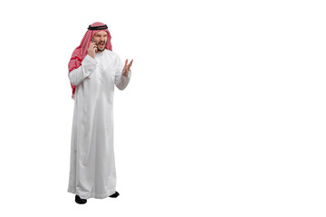 Arab man swearing on phone isolated white background in traditional costume. Ready for cutting and editing.