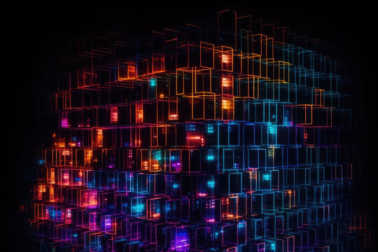 Abstract tetris city building. Colorful blocks of light stacked into skyscraper. Technology connection architecture.