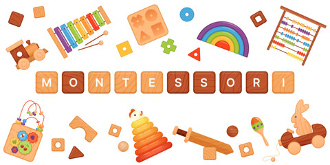 Montessori banner design vector illustration. Cartoon isolated wooden cubes with Montessori lettering, geometric puzzle blocks and abacus, pyramid and rainbow toys for early kids development - obrazy, fototapety, plakaty