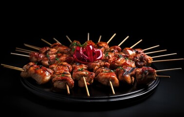 Kebabs - grilled meat skewers, shish kebab with vegetables on black wooden background. Created with Generative AI technology.