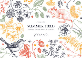 Summer background in color. Floral banner design. Wildlife sketches. Wildflowers botanical illustration. Hand-drawn field flowers, birds, and animals for wedding invitation, frame, card.